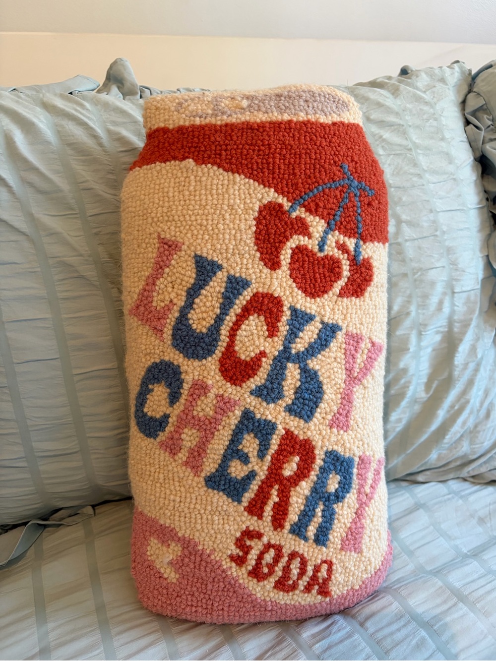 Handhooked 'Lucky Cherry Soda' Decorative Pillow - Cream, Red, Blue, Pink